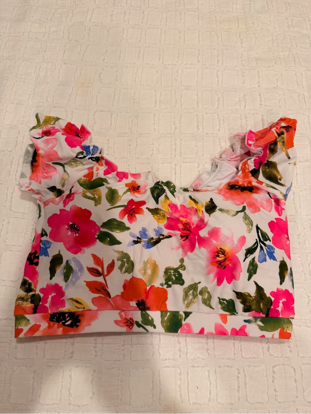 Floral Ruffle Bikini Top - White with Pink & Green